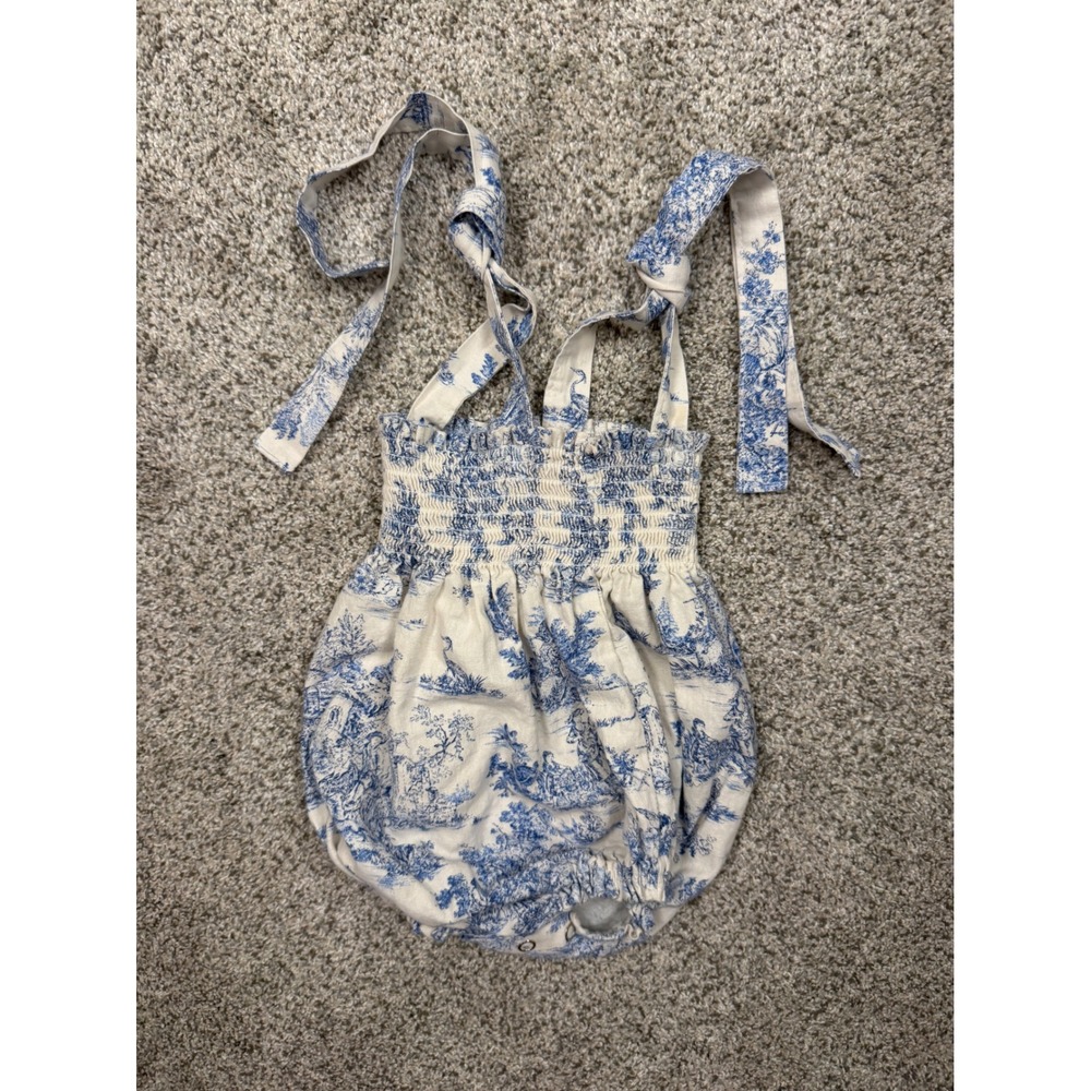 Nothing Fits But Bubble Yunji Romper Toile Linen Cotton 6-12M Blue White Tie